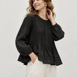 100% Linen Lace Trim Pintuck Peasant Top