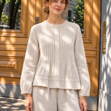 100% Linen Lace Trim Pintuck Peasant Top
