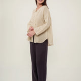 100% Linen Lapel Collar Drop Shoulder Pleated Blouse