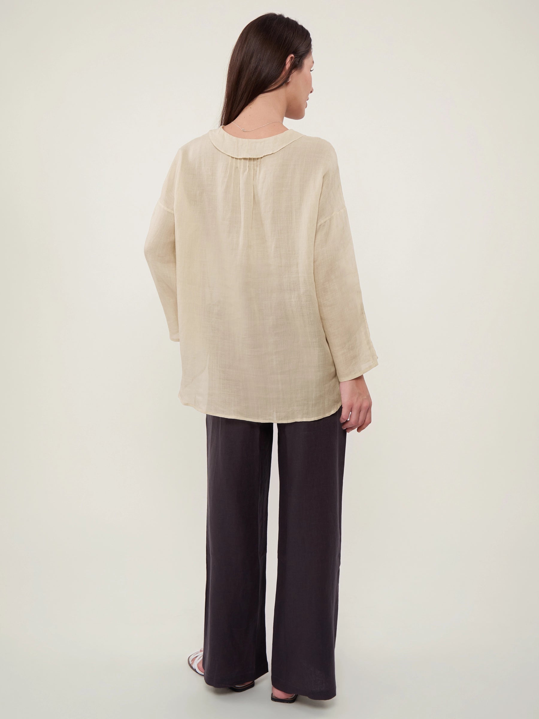 100% Linen Lapel Collar Drop Shoulder Pleated Blouse