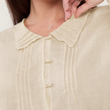 100% Linen Lapel Collar Drop Shoulder Pleated Blouse