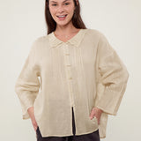 100% Linen Lapel Collar Drop Shoulder Pleated Blouse
