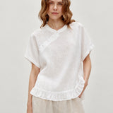 100% Linen Mandarin Collar Diagonal Button Ruffle Hem Blouse