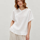 100% Linen Mandarin Collar Diagonal Button Ruffle Hem Blouse