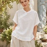 100% Linen Mandarin Collar Diagonal Button Ruffle Hem Blouse