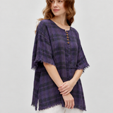 100% Linen Plaid Frayed Hem Blouse