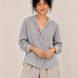 100% Linen Relaxed Ruffle-Trim V-Neck Top