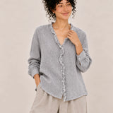 100% Linen Relaxed Ruffle-Trim V-Neck Top