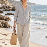 100% Linen Relaxed Ruffle-Trim V-Neck Top