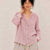 100% Linen Relaxed Ruffle-Trim V-Neck Top
