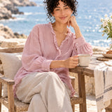 100% Linen Relaxed Ruffle-Trim V-Neck Top