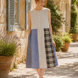 100% Linen Reversible Plaid Patchwork Sleeveless Midi Dress