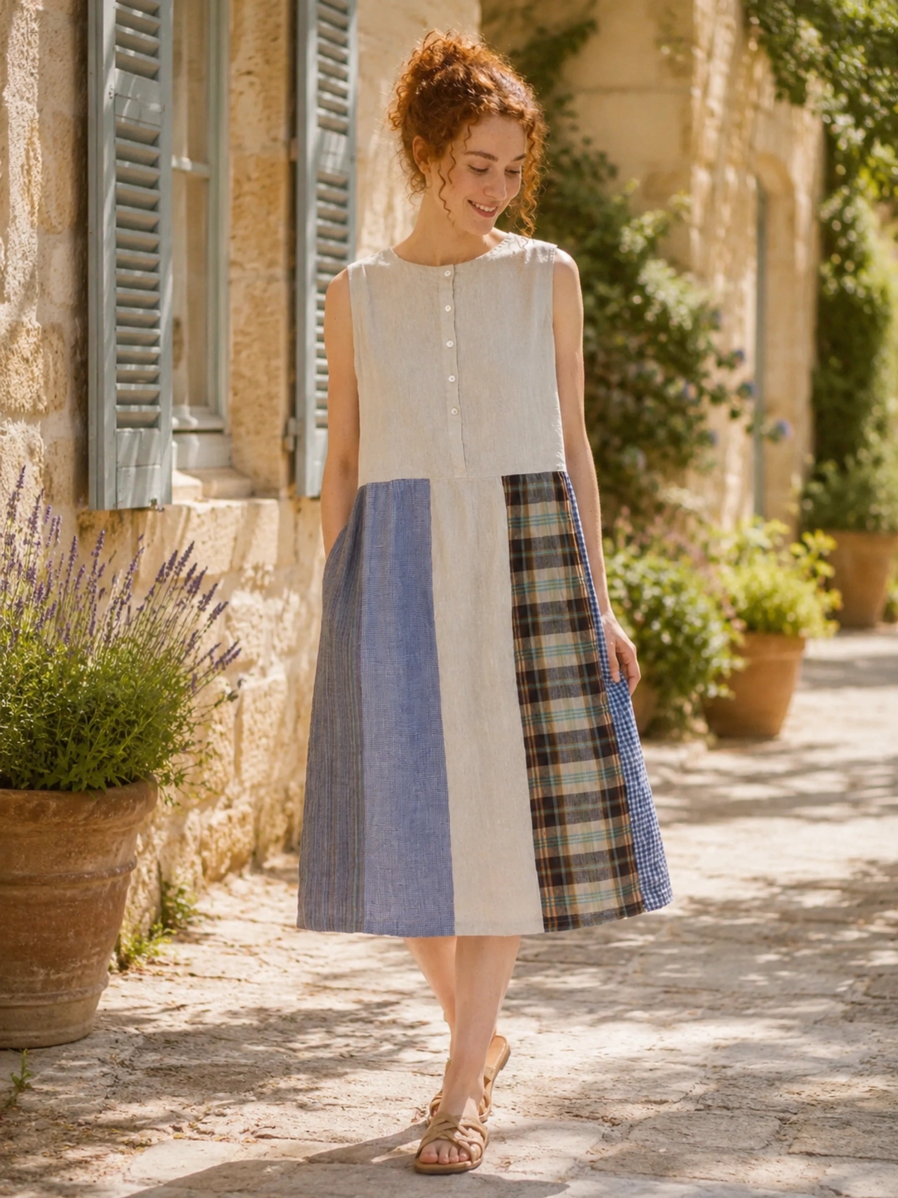 100% Linen Reversible Plaid Patchwork Sleeveless Midi Dress