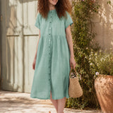 100% Linen Reversible Ruffle Neckline Short Sleeve Midi Dress