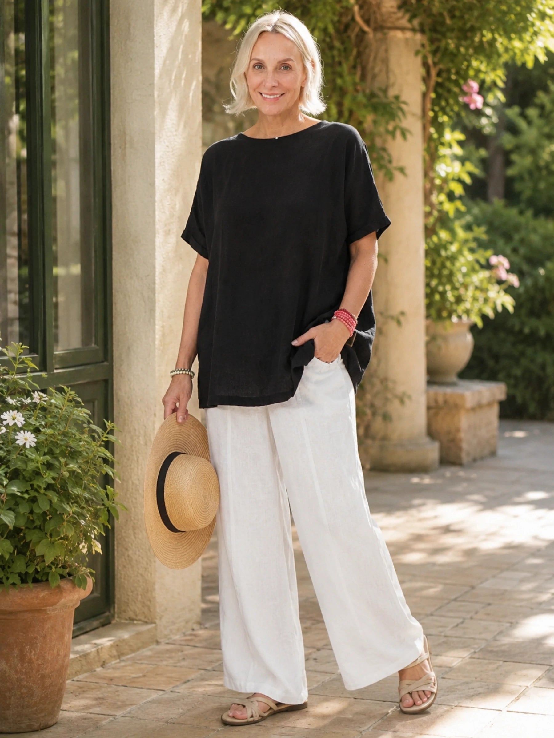100% Linen Rolled Sleeve Back Tie Detail Blouse