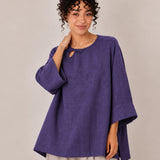 100% Linen Round-Neck A-Line Bell-Sleeve Top with Knot Detail