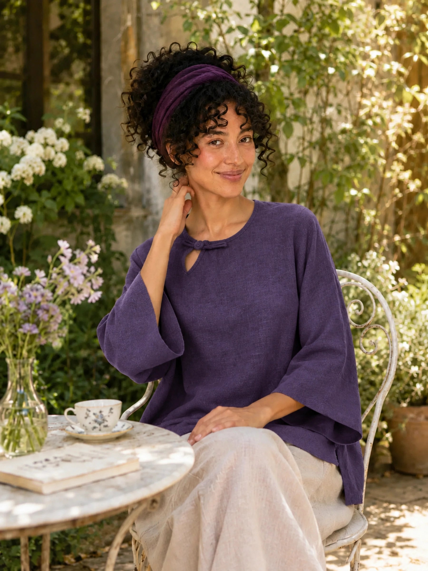 100% Linen Round-Neck A-Line Bell-Sleeve Top with Knot Detail