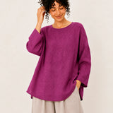 100% Linen Round-Neck Batwing-Sleeve Relaxed Top