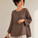 100% Linen Round-Neck Batwing-Sleeve Relaxed Top