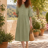 100% Linen Round Neck 3/4 Sleeve Loose Midi Dress