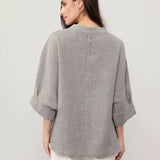 100% Linen Round Neck Batwing Cuffed Sleeve Blouse