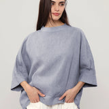 100% Linen Round Neck Batwing Cuffed Sleeve Blouse