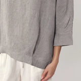100% Linen Round Neck Batwing Cuffed Sleeve Blouse