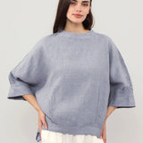 100% Linen Round Neck Batwing Cuffed Sleeve Blouse