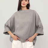 100% Linen Round Neck Batwing Cuffed Sleeve Blouse