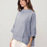 100% Linen Round Neck Batwing Cuffed Sleeve Blouse