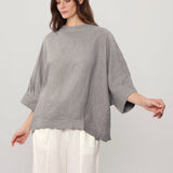 100% Linen Round Neck Batwing Cuffed Sleeve Blouse