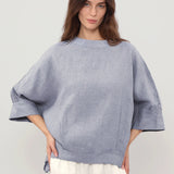100% Linen Round Neck Batwing Cuffed Sleeve Blouse