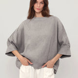 100% Linen Round Neck Batwing Cuffed Sleeve Blouse
