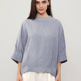 100% Linen Round Neck Batwing Cuffed Sleeve Blouse