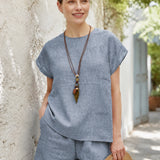 100% Linen Round Neck Cap Sleeve Relaxed Blouse