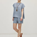 100% Linen Round Neck Cap Sleeve Relaxed Blouse