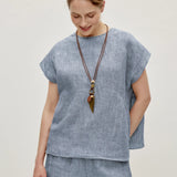 100% Linen Round Neck Cap Sleeve Relaxed Blouse
