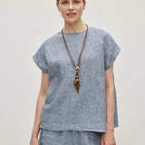 100% Linen Round Neck Cap Sleeve Relaxed Blouse