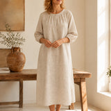 100% Linen Round Neck Half Sleeve Maxi Dress