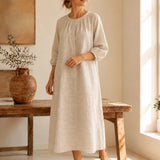 100% Linen Round Neck Half Sleeve Maxi Dress