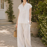 100% Linen Ruffle Collar Cap Sleeve Blouse