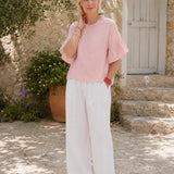 100% Linen Ruffle Neck Tiered Flare Sleeve Blouse