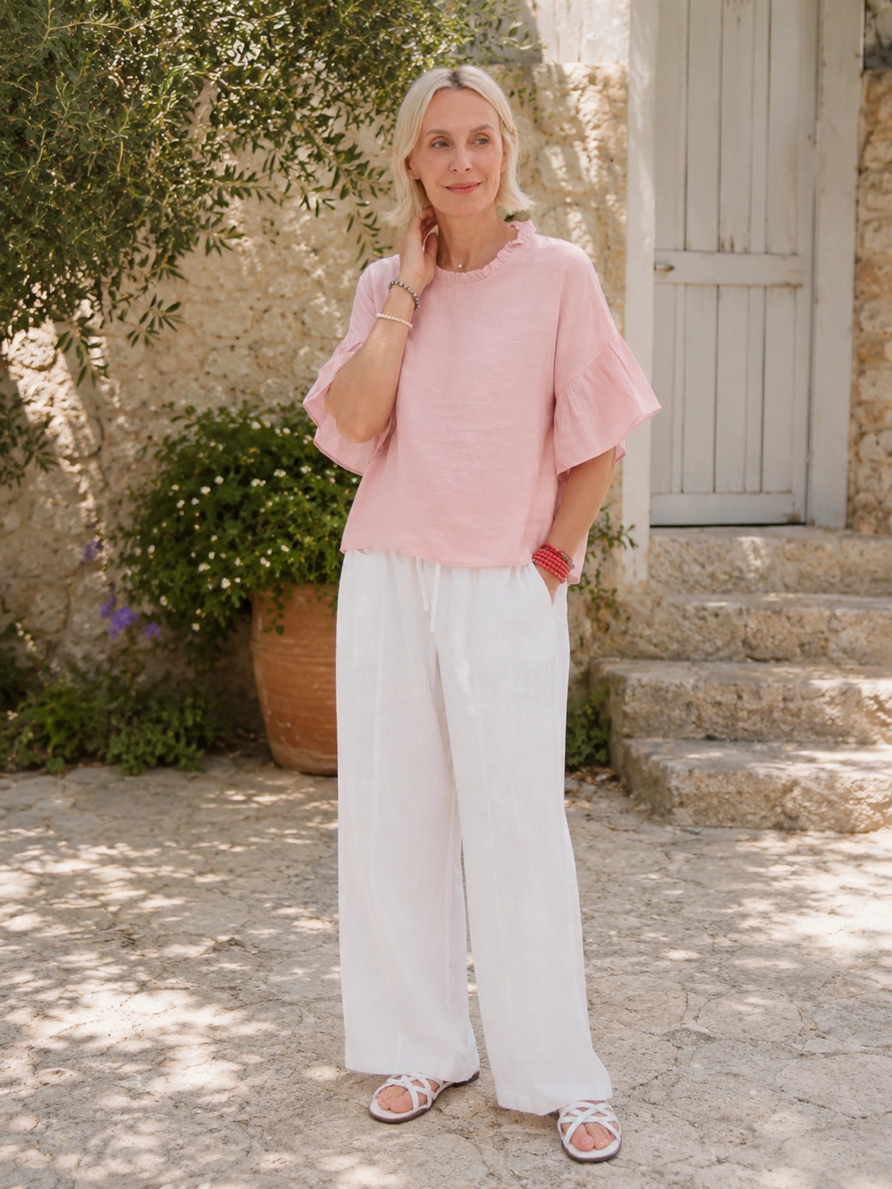 100% Linen Ruffle Neck Tiered Flare Sleeve Blouse