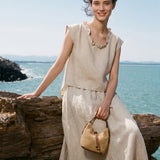 100% Linen Ruffle Neckline Flutter Sleeve Tank Top
