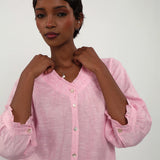 100% Linen Ruffle Trim Half Sleeve Tunic Shirt