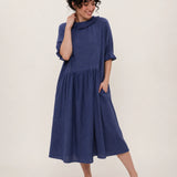 100% Linen Ruffle Trim Pleated Midi Dress