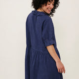 100% Linen Ruffle Trim Pleated Midi Dress