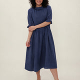 100% Linen Ruffle Trim Pleated Midi Dress