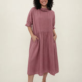 100% Linen Ruffle Trim Pleated Midi Dress