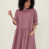 100% Linen Ruffle Trim Pleated Midi Dress